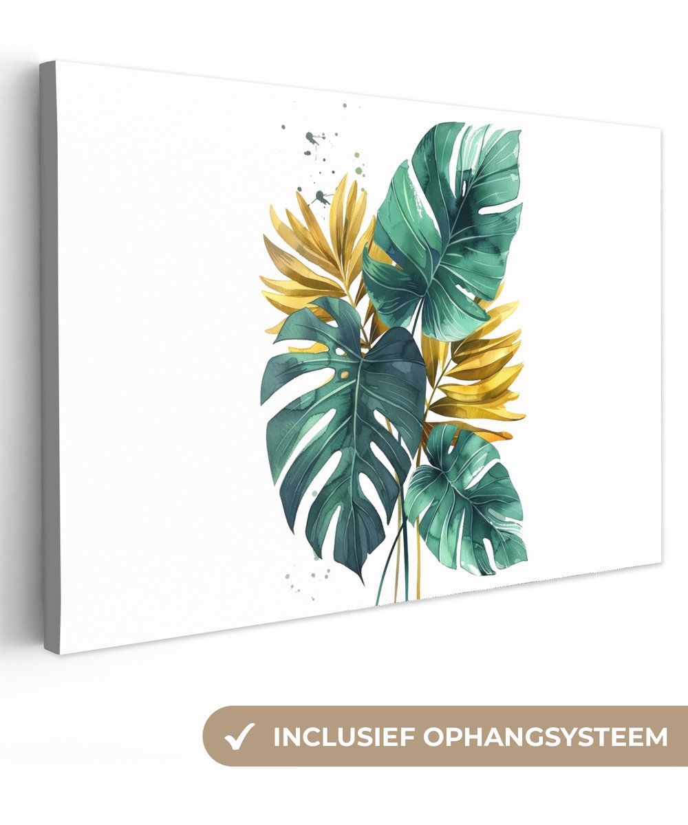 Canvas schilderij 140x90 cm - Wanddecoratie badkamer Bladeren - Monstera - Groen - Goud -