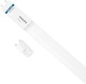 De witte Philips ledlamp buis heeft een blauwe band en de tekst 'EM/MAINS High output'.