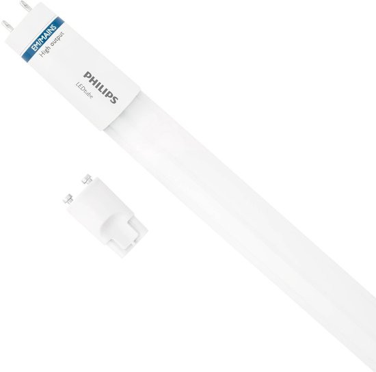 De witte Philips ledlamp buis heeft een blauwe band en de tekst 'EM/MAINS High output'.