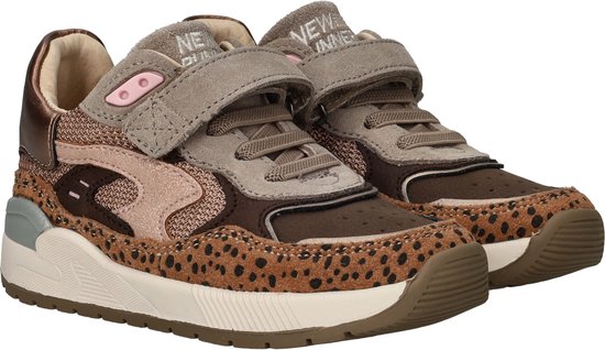 Bruine meisjes sneakers, panterprint, taupe, roze glitter, klittenband.
