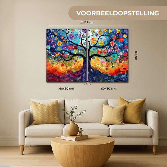 Ensemble de peintures sur toile 120x80 cm - Décoration murale diptyque - Coloré - Arbre de vie - Fleurs - Abstrait - Décoration murale salon - Décoration chambre - Accessoires chambre - Peintures sur toile