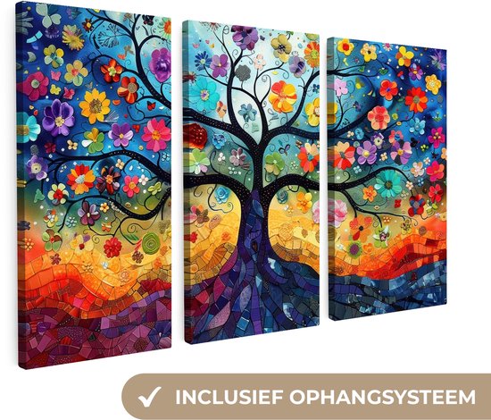 Drieluik schilderij van een kleurrijke Levensboom met bloemen, met de tekst 'INCLUSIEF OPHANGSYSTEEM'.