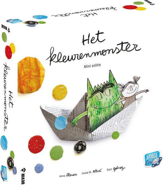 Doos van Het Kleurenmonster met een groen monster en meisje in papieren bootje.