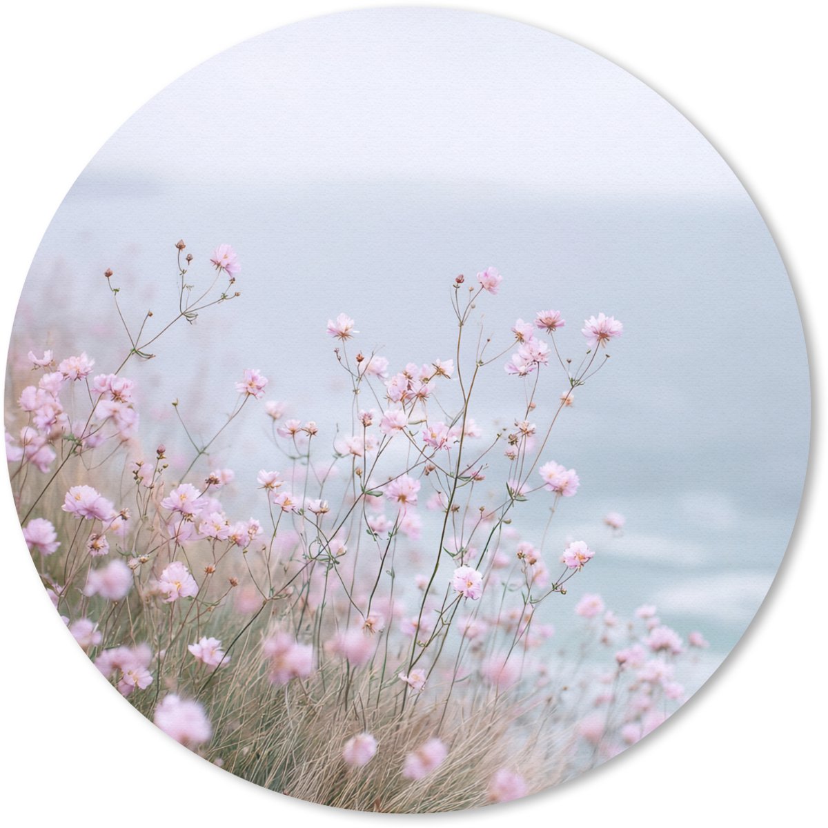 Muismat rond 50x50 cm - Mousepad Klif - Bloemen - Zee - Roze - Ronde muismatten