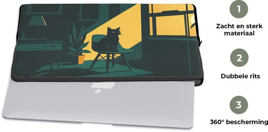 Laptophoes met illustratie van een zwarte kat op een stoel bij een raam, met informatie "zacht en sterk materiaal", "dubbele rits", "360° bescherming".