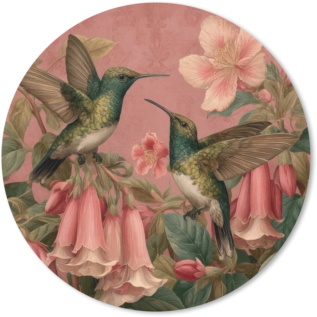 Muismat rond 40x40 cm - Mousepad Kolibries - Bloemen - Groen - Roze - Ronde muismatten