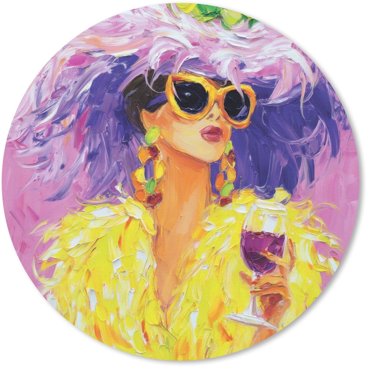 Muismat rond 20x20 cm - Mousepad Zonnebril - Vrouw - Jas - Veren - Ronde muismatten