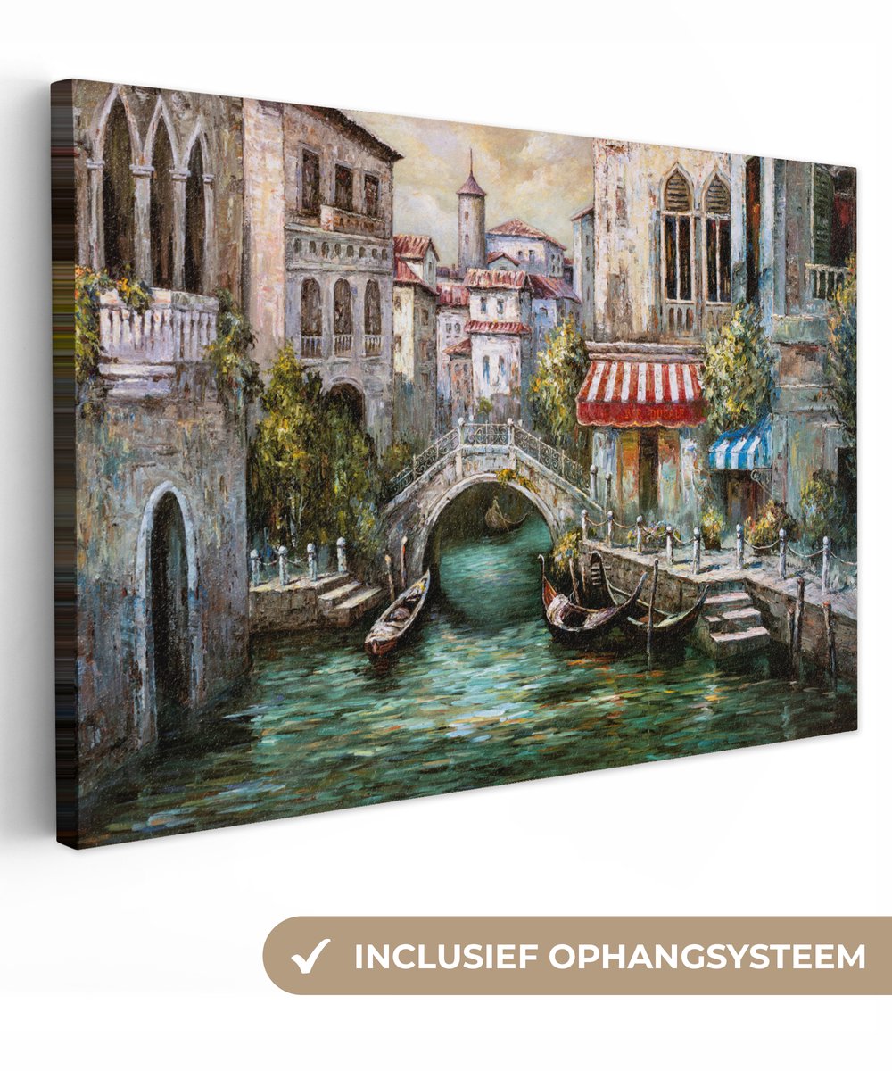 Canvas - Olieverf - Grachten - Italië - Boot - Straten - 150x100 cm - Muurdecoratie - Interieur