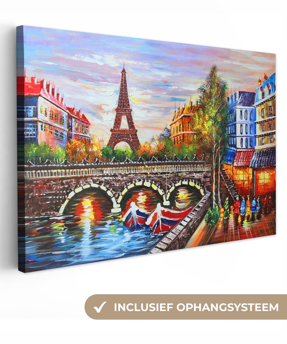 Canvas - Schilderij - Parijs - Water - Eiffeltoren - Stad - Olieverf - 140x90 cm - Muurdecoratie - Interieur