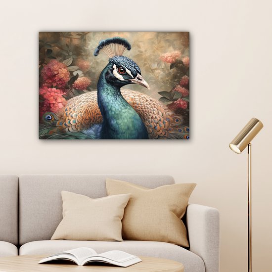 Tableau sur toile Paon - Vogel - Fleurs - Plantes - Plumes de Paon - 80x60 cm - Décoration murale