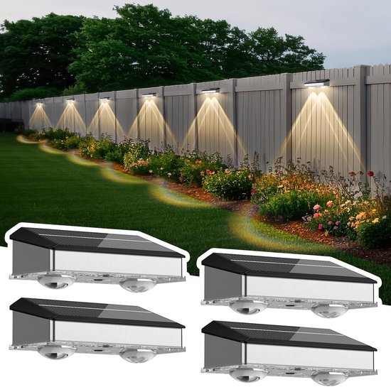 Woolmug Zonnelampen, 4 stuks warmwit, wandlamp op zonne-energie, tuinverlichting LED, omheining, muur, balkon, garage Woolmug Zonnelampen, 4 stuks warmwit, wandlamp op zonne-energie, tuinverlichting LED, omheining, muur, balkon, garage