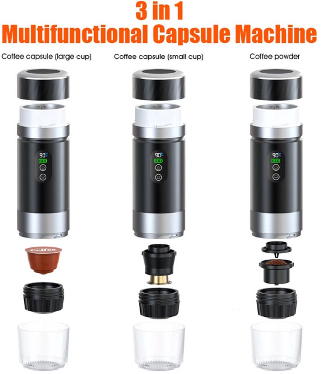 Lordani Draagbaar Koffieapparaat voor Onderweg | Inclusief Tas | Digitale Display | 60ml | 12 Volt | Espresso | Nespresso | Dolce Gusto | Capsule Koffie | Gemalen Koffie | Cups | Oplaadbaar | Draagbare Koffiemachine | Zwart&Zilver — afbeelding 7