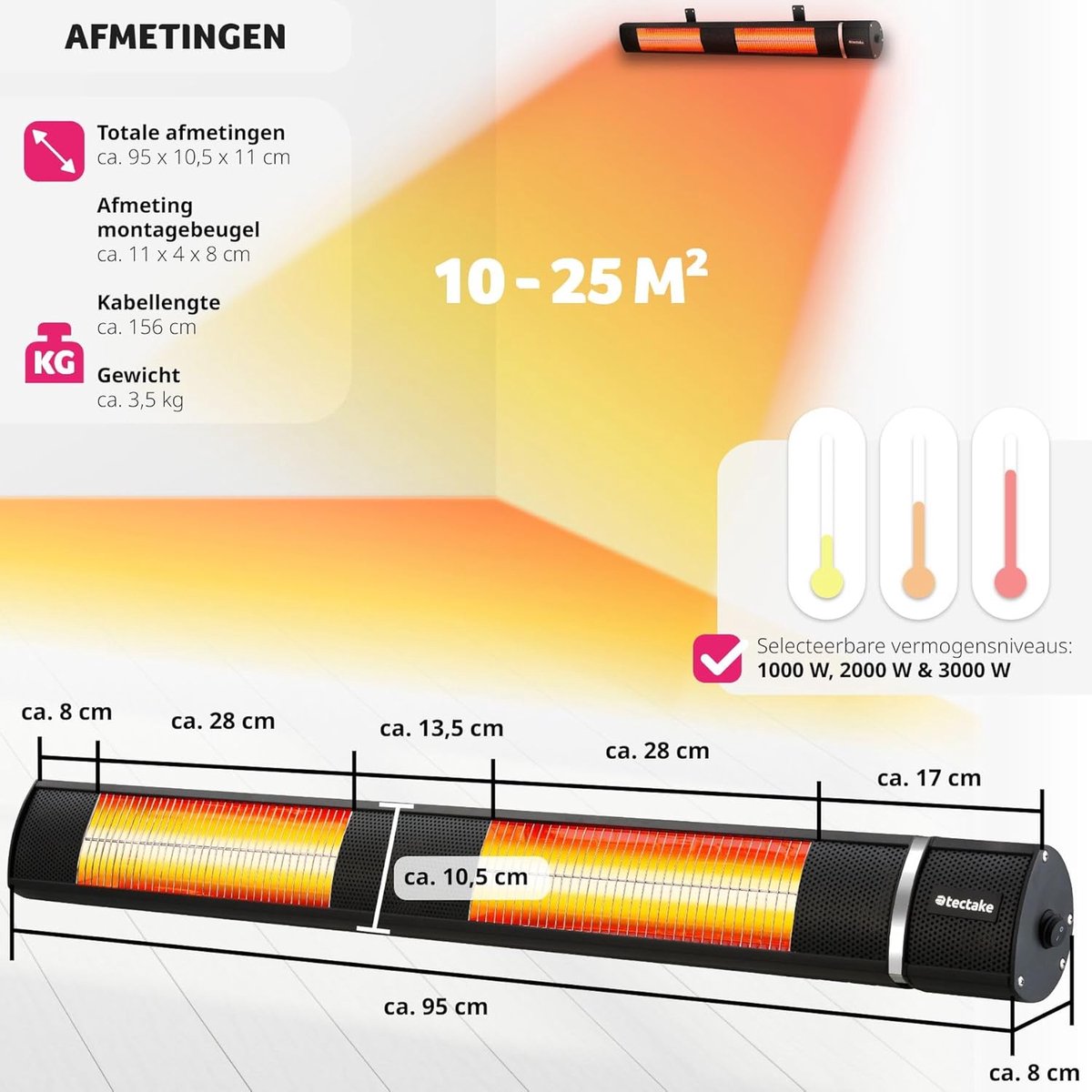 Infrarood terrasverwarmer met 3 vermogensniveaus en afstandsbediening - Perfect voor binnen en buiten – foto 2