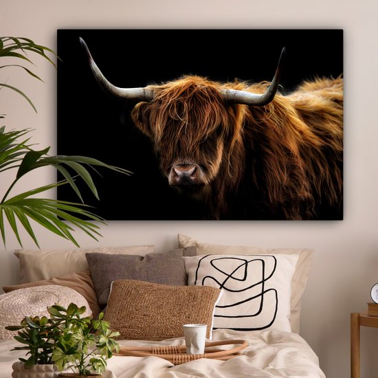 Canvas schilderij - Schotse hooglander 120x80 - Kamer decoratie accessoires - Zwarte schilderijen woonkamer dieren - Wanddecoratie koe slaapkamer - Muurdecoratie keuken zwart - Wanddoek interieur - Woondecoratie huis - Woonaccessoires