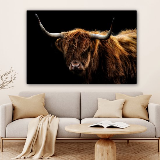Canvas schilderij - Schotse hooglander 120x80 - Kamer decoratie accessoires - Zwarte schilderijen woonkamer dieren - Wanddecoratie koe slaapkamer - Muurdecoratie keuken zwart - Wanddoek interieur - Woondecoratie huis - Woonaccessoires