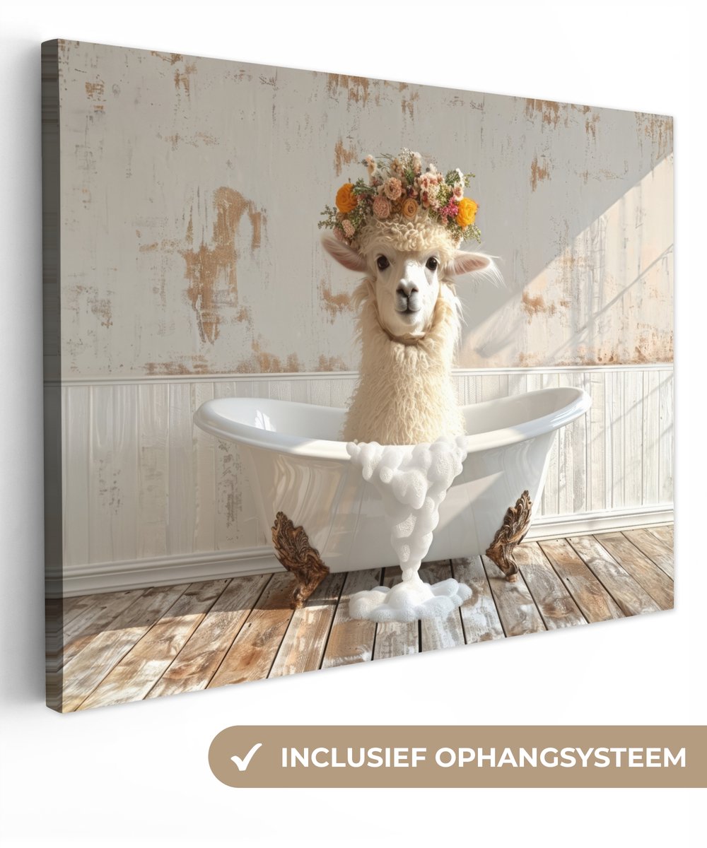 Canvas schilderij 80x60 cm - Wanddecoratie badkamer Vintage - Alpaca - Badkuip - Bloemen -