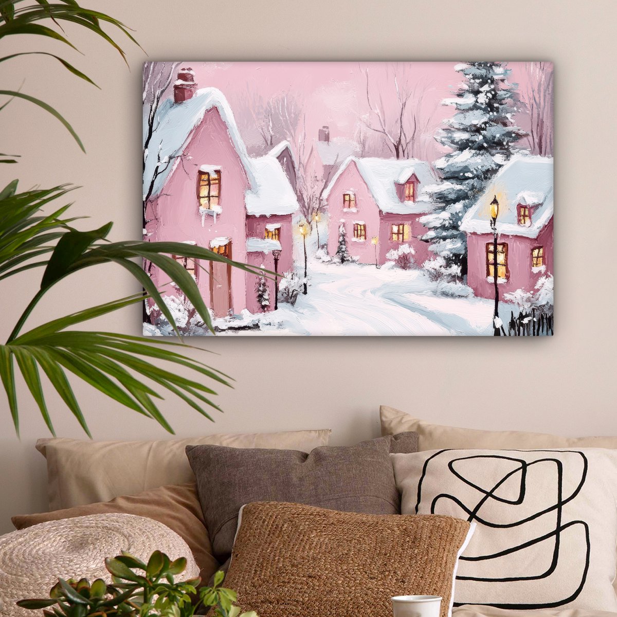 Canvas schilderij 90x60 cm - Wanddecoratie Kerstdorp - Roze - Winter - Sneeuw - Huizen - Muurdecoratie woonkamer - Slaapkamer decoratie - Kamer accessoires - Schilderijen op canvas - Kerstdecoratie voor binnen - Kerstversiering - Kerstmis versiering – foto 4