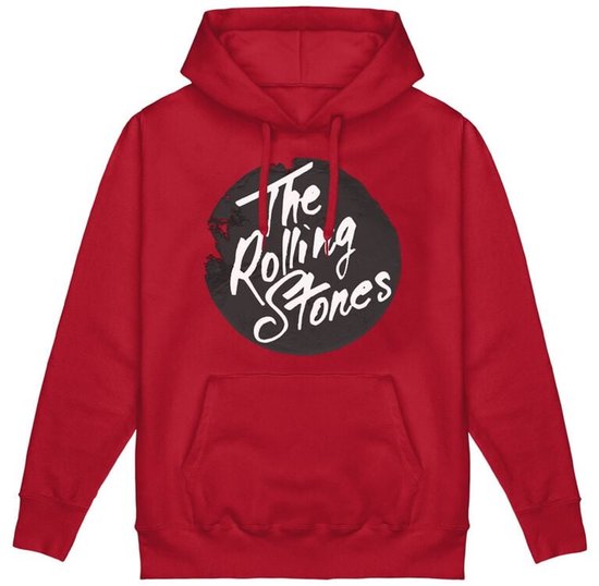 Rode hoodie met de 'The Rolling Stones' logo in witte letters op een zwarte cirkel.