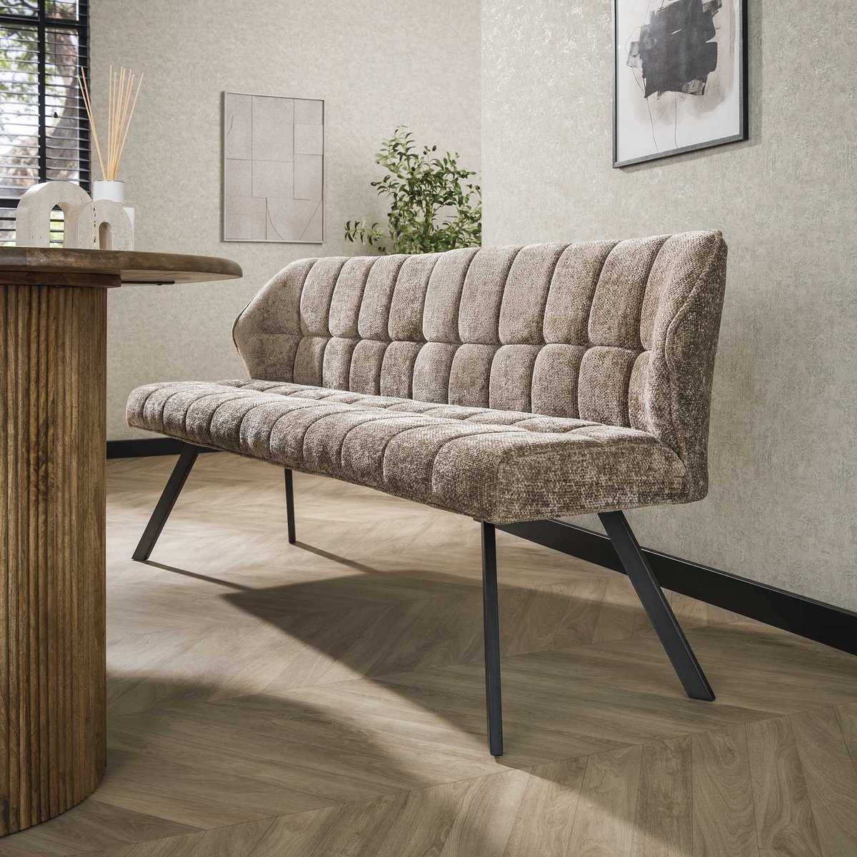 Dimehouse Eetkamerbank Lino Chenille Stof Rich Champagne Geblokt - Velvet - Modern