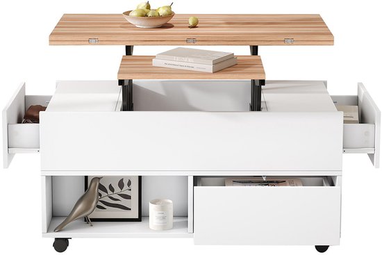 Verstelbare Salontafel 100x50x52 Cm - Met 4 Wieltjes - 4 Lades Halfopen Opbergruimte Wit Natuur
