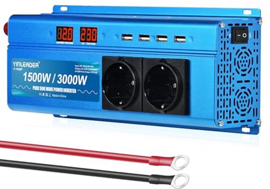 Converter 12V naar 230V, 1500W-3000W, Zuivere Sinus met 2 Stopcontacten en 4 USB-poorten