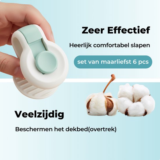 Hand met witte en mintgroene clip, naast bolletjes katoen. Zeer effectief, veelzijdig.