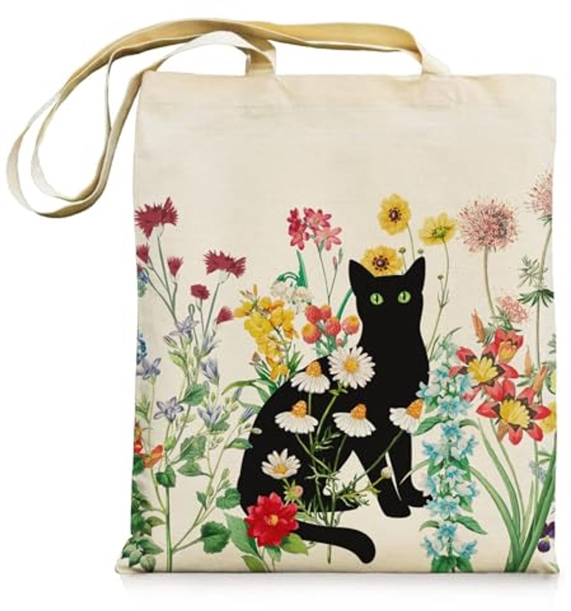 Vintage Zwarte Kat Canvas Tas met Ritsvakken - Herbruikbare Shopper voor Dames