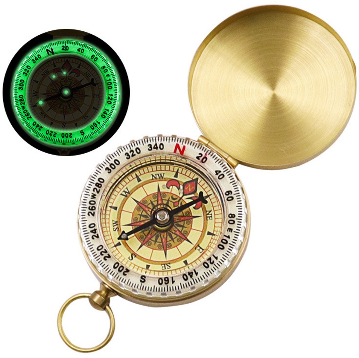 Jonyx - Kompas - Kampeertools - Survival - Messing - Glow in the dark - Goudkleurig - Rond - 5 cm