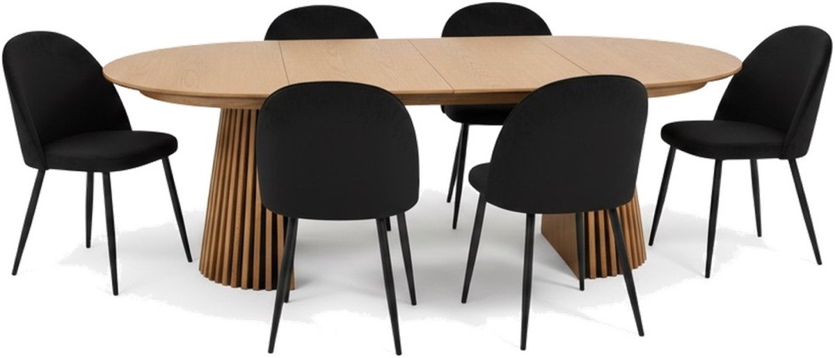 Tokyo eethoek eettafel natuur, 6 stoelen met zwarte velours bekleding.