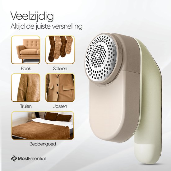 Beige pluizenverwijderaar, veelzijdig voor bank, sokken, trui, jas en beddengoed.