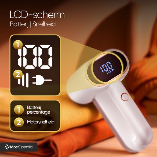Wit apparaat met gouden rand en digitaal display dat "100" toont, met uitleg over batterijpercentage en motorsnelheid.