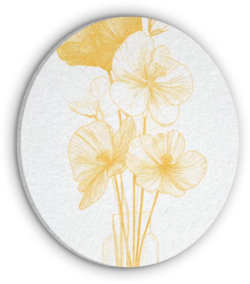Akoestisch wandpaneel rond 70x70 cm - Vilt schilderij Lijntekening - Bloemen - Geel - Vaas - Ronde akoestische panelen - Geluidsdempende wanddecoratie - Geluidsisolatie wandcirkel - Muurdecoratie geluidspanelen