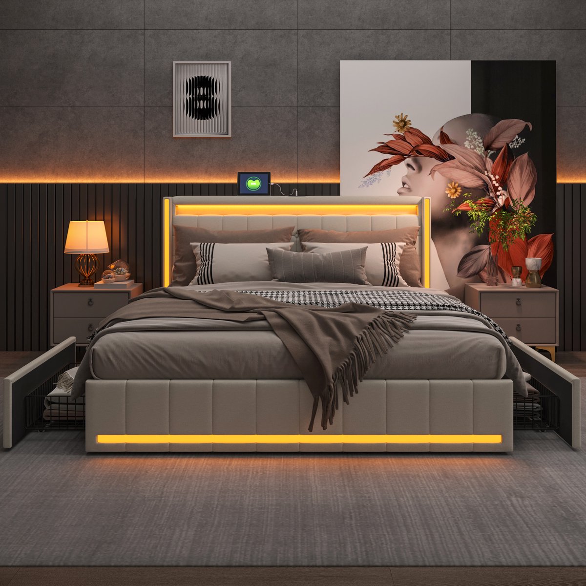 140x200 cm Tweepersoonsbed Beige – Linnen Opbergbed met 4 Lades, LED, USB/Type-C