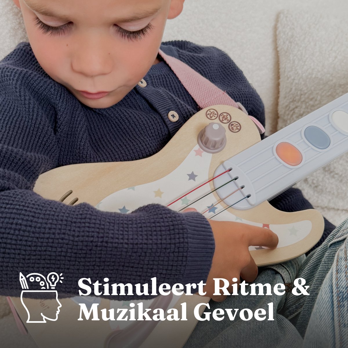 Elektrische Houten Speelgoedgitaar Kinderen - Muziek Speelgoed met Geluid, 3 Geluidsstanden & Volumeknop - Montessori Educatief Muziekinstrument vanaf 3 Jaar - Inclusief Draagriem - Ideaal Cadeau voor Peuters & Kleuters - Baby Doo — afbeelding 2