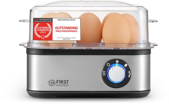 TZS First Austria Eierkoker Elektrisch - 8 Eieren - 500W - 4 Kookstanden + Stoomfunctie - Automatische Uitschakeling - Zilver
