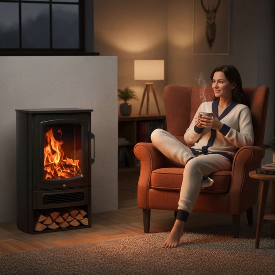 Een vrouw zit ontspannen in een fauteuil bij een brandende sfeerhaard met een kopje thee.