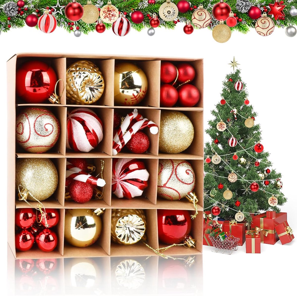Kerstballen Set Rood Wit Goud - Glitter Kerstversiering - Breekvrije Kerstballen & Pepernoten - Klassieke Hangende Kerstboom Decoratie - Feestelijke Sfeer voor Binnen - 40 Stuks