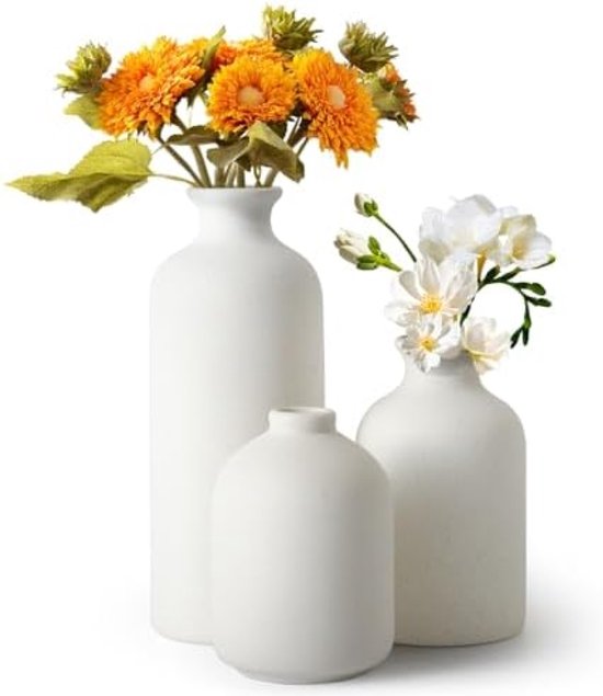 PromoHome Keramische Vazen Set van 3 - Beige Decoratie Vazen voor Bloemen