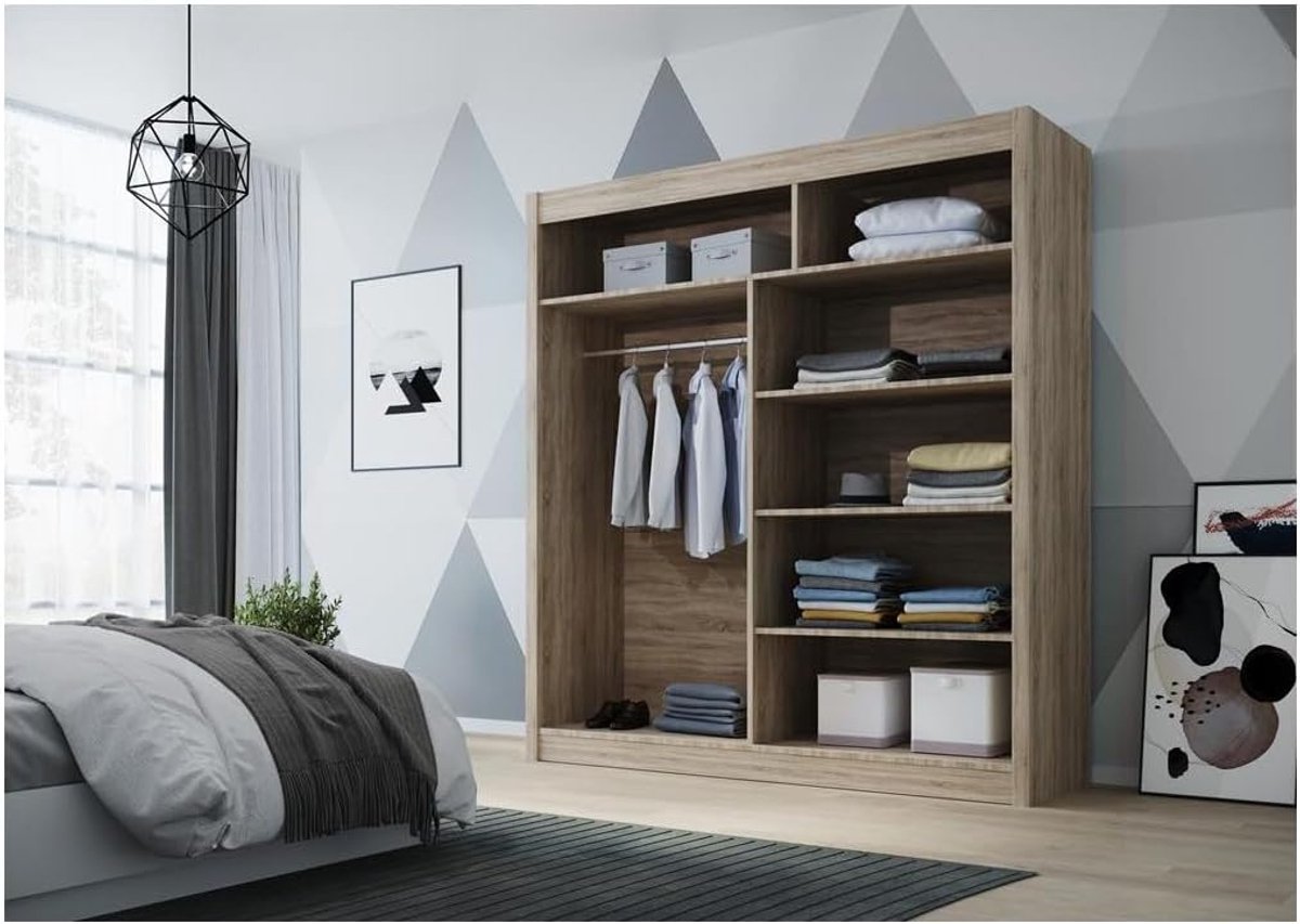 D2 180 cm Sonoma Schuifdeurkast 180 x 215 x 58 cm met Spiegel - Slaapkamermeubels, Opbergruimte - Multifunctionele Kast
