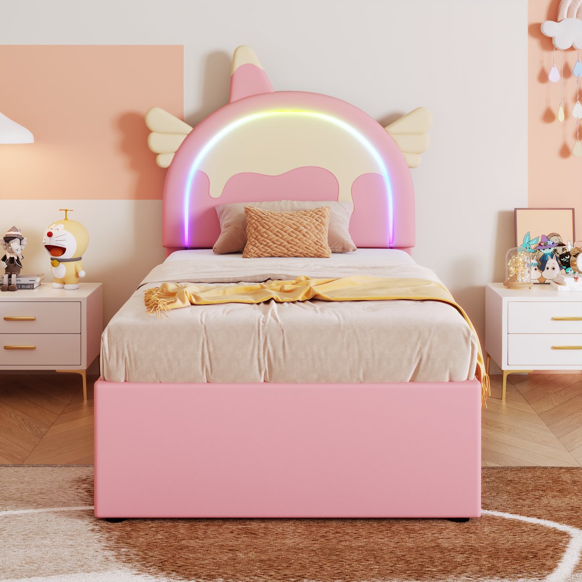 HAUSS SPOLE Peuterbed 90x200 - Kinderbed Eenpersoonsbed met Uitrolbed en 3-in-1 Lade, Eenhoorn Hoofdbord - PU - Roze — cadeau in Cadeau-ideeën - foto 4