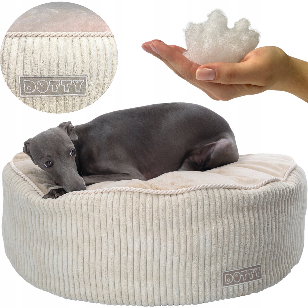 DOTTY Ronde Hondenkussen Puf - Zacht Pluche - Beige Structuur - Maat S
