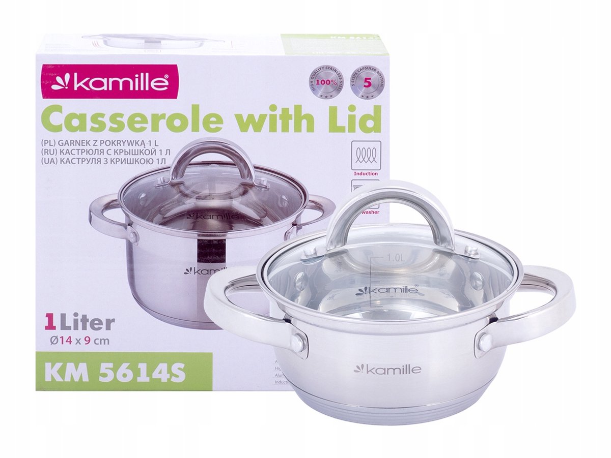 Kamille Steel Pan 1L met Glazen Deksel - Geschikt voor Inductie
