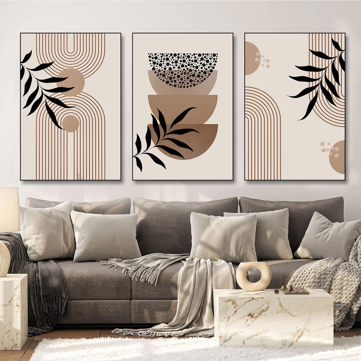 Unyqoos Moderne boho canvas posterset met abstracte geometrische lijnen voor interieurdecoratie beige