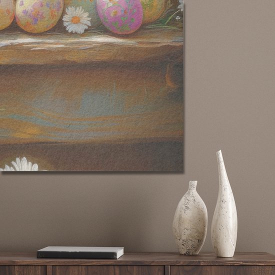 Gedetailleerd schilderij met paaseieren en witte bloemen op een houten ondergrond.