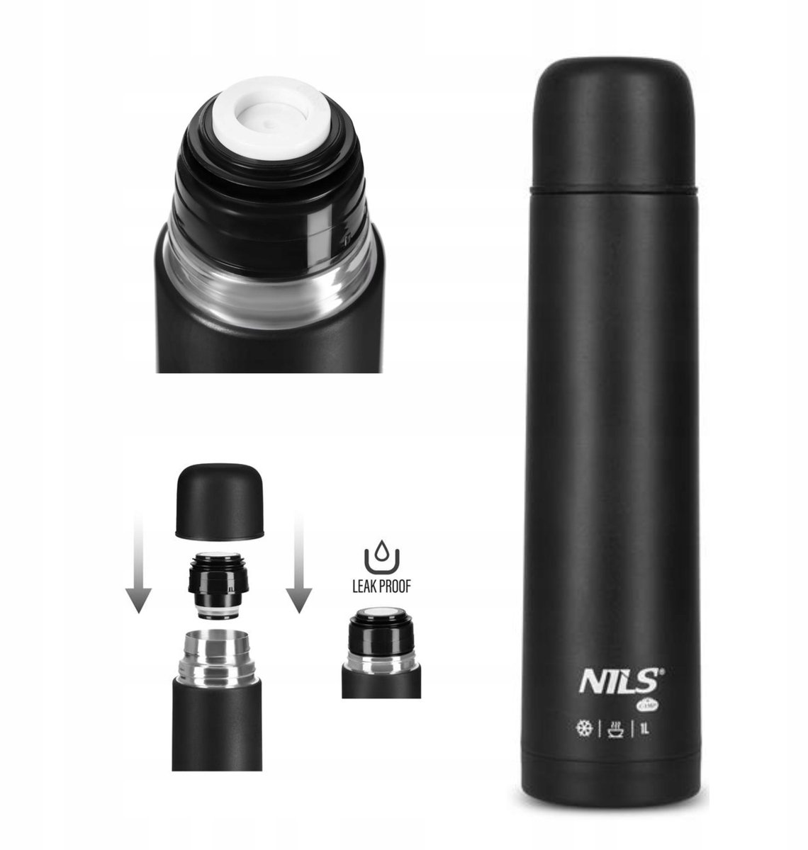 Nils Camp NC3804 Thermos 1L Zwart - Lichtgewicht & Lekvrij