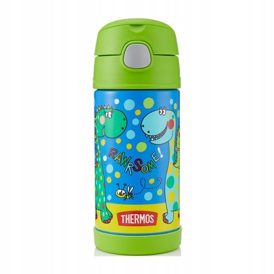 Bouteille bleue avec imprimé dinosaure et texte "RAWRSOME!". Couvercle vert, bande jaune et rouge en bas. Marque "THERMOS".