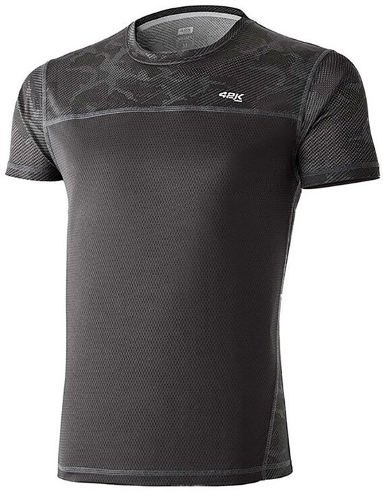 Zwart sportshirt met korte mouwen van 42K met camouflageprint op de schouders en borst, en ademende mesh-stof.