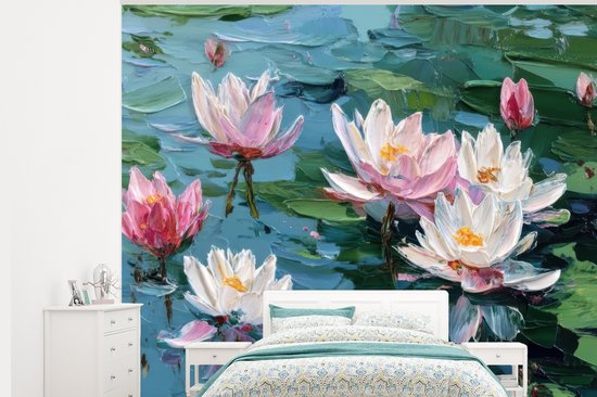 Behang - Fotobehang Waterlelies - Bloemen - Roze - Water - Breedte 275 cm x hoogte 220 cm