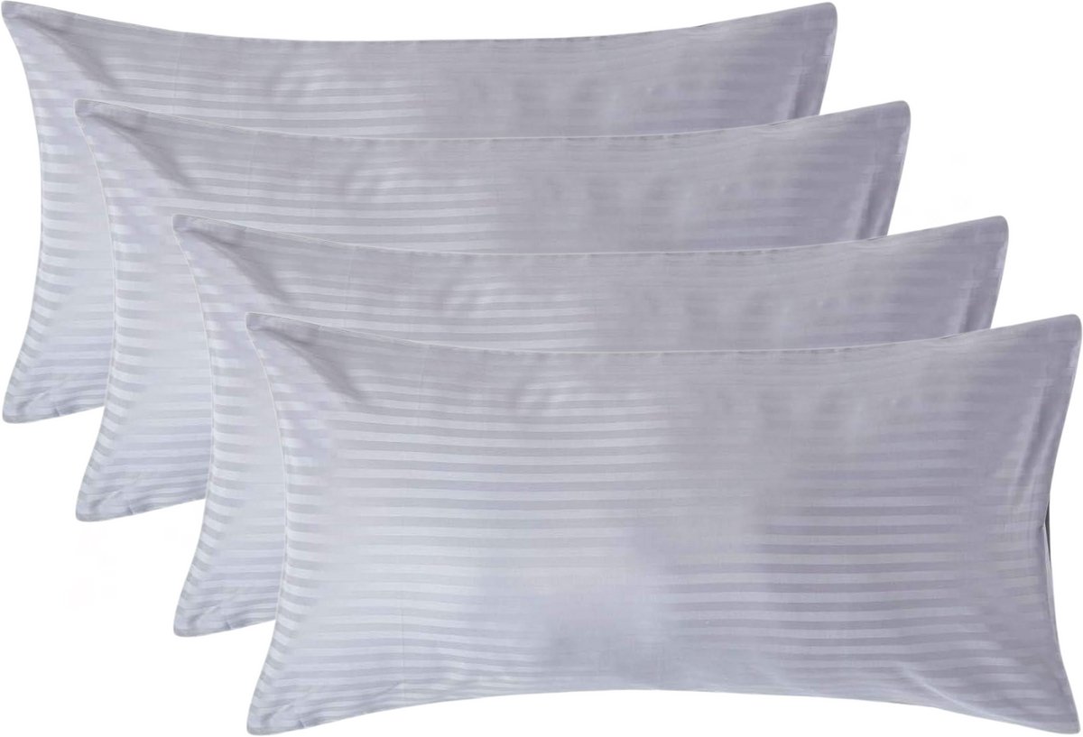 Homescapes Satijn Streep Katoen Kussensloop 50x90 cm – Set van 4 – Zilvergrijs – 100% Egyptisch Katoen – Draaddichtheid 330