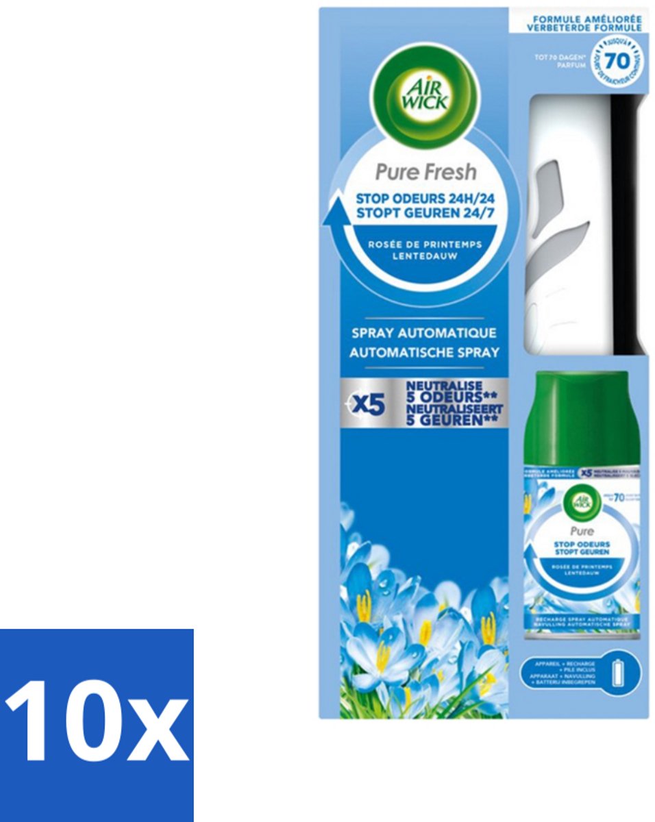 10 x Air Wick - Freshmatic Spray - Starterkit - Pure Fresh Lentedauw - 250 ml - Voordeelverpakking - 10 stuks